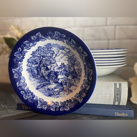 Set of 8 Staffordshire Farmhouse Blue & White Ironstone Shallow Bowls or Plates - Picture 1 of 5